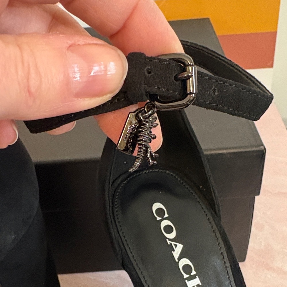 NIB Coach Chrystie Lux Suede Black Platform Ankle Strap Heels - Picture 16 of 16